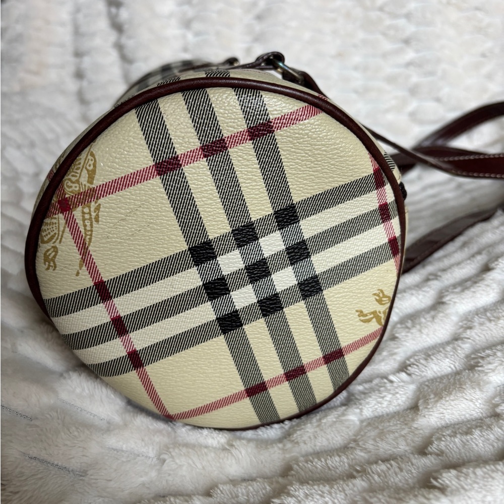Vintage Burberrys Nova Check Barrel Bag Beige Tan Leather Equestrian Logo - Picture 6 of 14